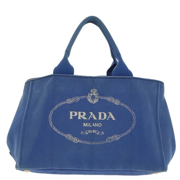 PRADA Canapa MM Hand Bag Canvas Blue Gold Auth 101425 - Picture 13 of 16